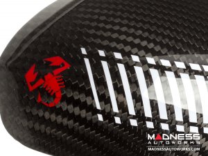 FIAT 500 Mirror Covers - Carbon Fiber - White Racing Stripe w/ Red Scorpion